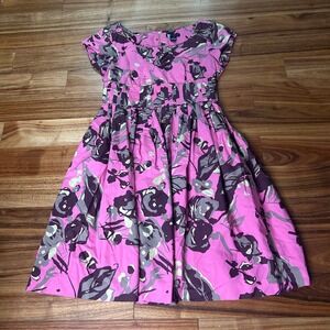 Carole Little Floral Print Fit & Flare Cotton Dress Pink‎ Brown Size 10